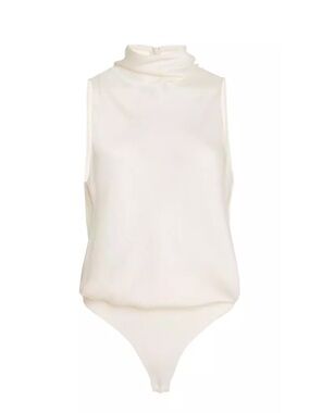 Vince Glossy Cowl Sleeveless Mock Neck Bodysuit Cream Off White Thong Back Sz XS